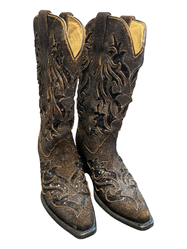 Cowboy boots with western skull designCorral Boots Shoe Size 7.5 Brown & Black Missing Fabric Tag Sequin Cowboy Boots