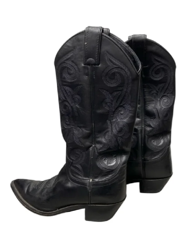 Cowboy boots for cowboy western talesJustin Shoe Size Est 7.5 Black Leather Cowboy Pointed Toe Mid Calf Western Boots