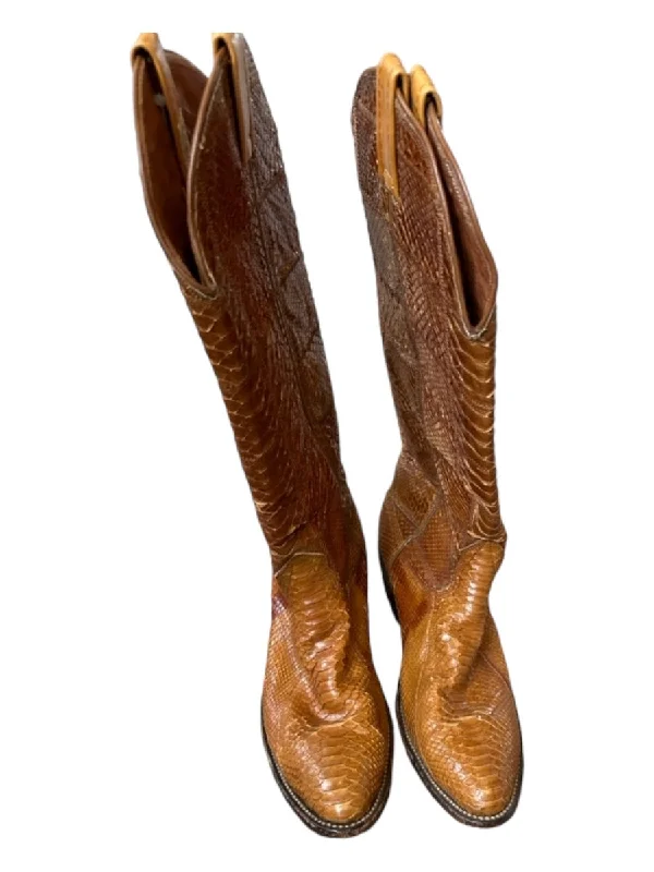 Cowboy boots with custom leather patchesNocona Shoe Size 8.5 Brown Leather Snake Skin Cowboy Boots