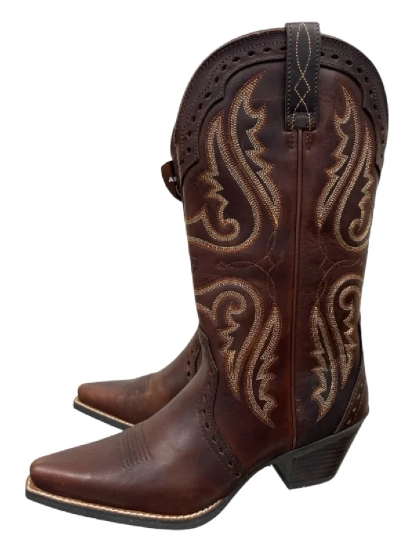 Cowboy boots with vintage bronco charmAriat Shoe Size 9.5 Brown & Cream Leather Pointed Toe Cowboy Knee High Boots