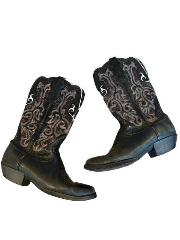 Cowboy boots with soft sheepskin interiorJustin Shoe Size EST 8 Black & Purple Leather Stitching Cowboy Boots