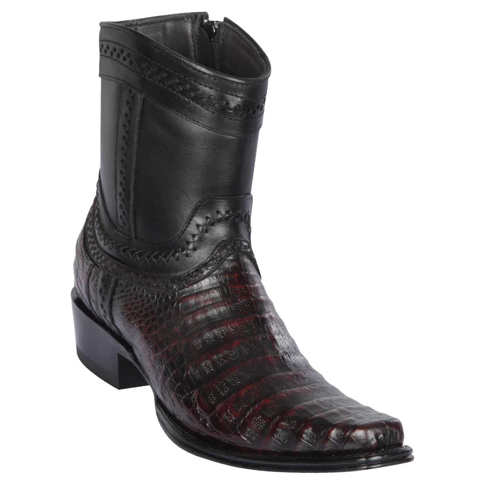 Cowboy boots with western mustang emblemLos Altos 76B8218 Men's Black Cherry Genuine Caiman Belly European Square Toe Cowboy Boots