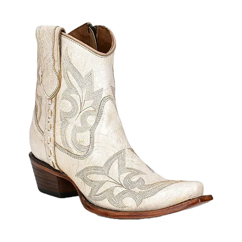 Ankle boots with wild leather-Women's L5916 Embroidery & Zipper Snip Toe Ankle Boots Pearl