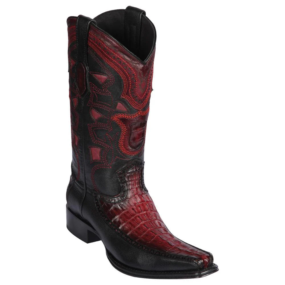 Cowboy boots with classic western soleLos Altos 76F0143 Men's Faded Burgundy Genuine Caiman Tail & Deer European Square Toe Cowboy Boots