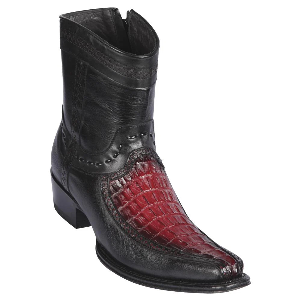 Cowboy boots with soft caribou leatherLos Altos 76BF0143 Men's Faded Burgundy Genuine Caiman Tail & Deer European Square Toe Cowboy Boots