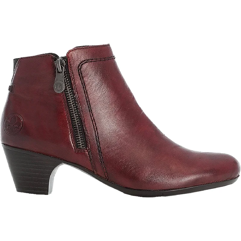 Stylish Booties for women with pointed toe and block heel-Women's Rieker 70551-33 Sarah 51 Rubin/Wine Leather