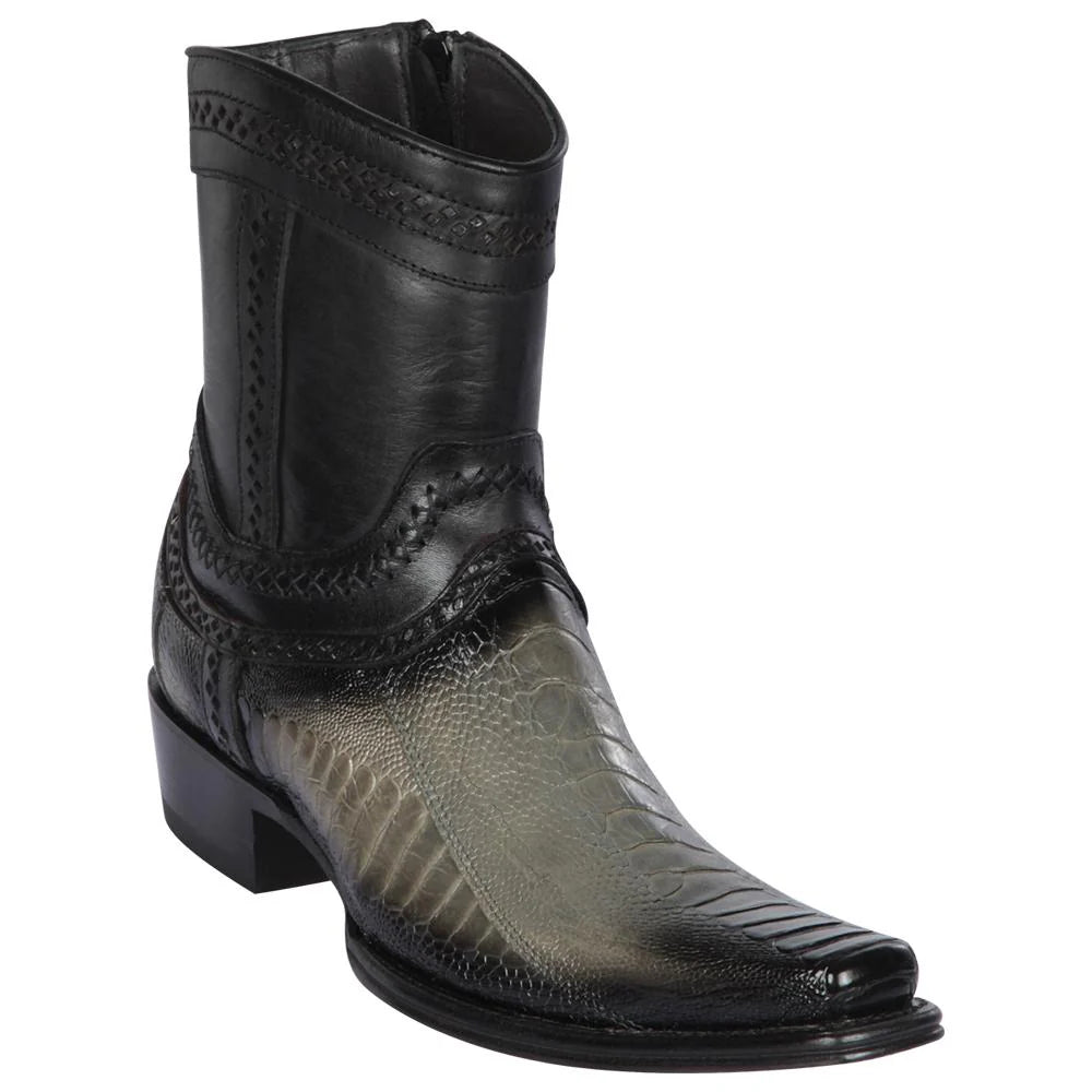 Cowboy boots with vintage bull charmLos Altos 76B0538 Men's Faded Gray Genuine Ostrich Leg European Square Toe Cowboy Boots