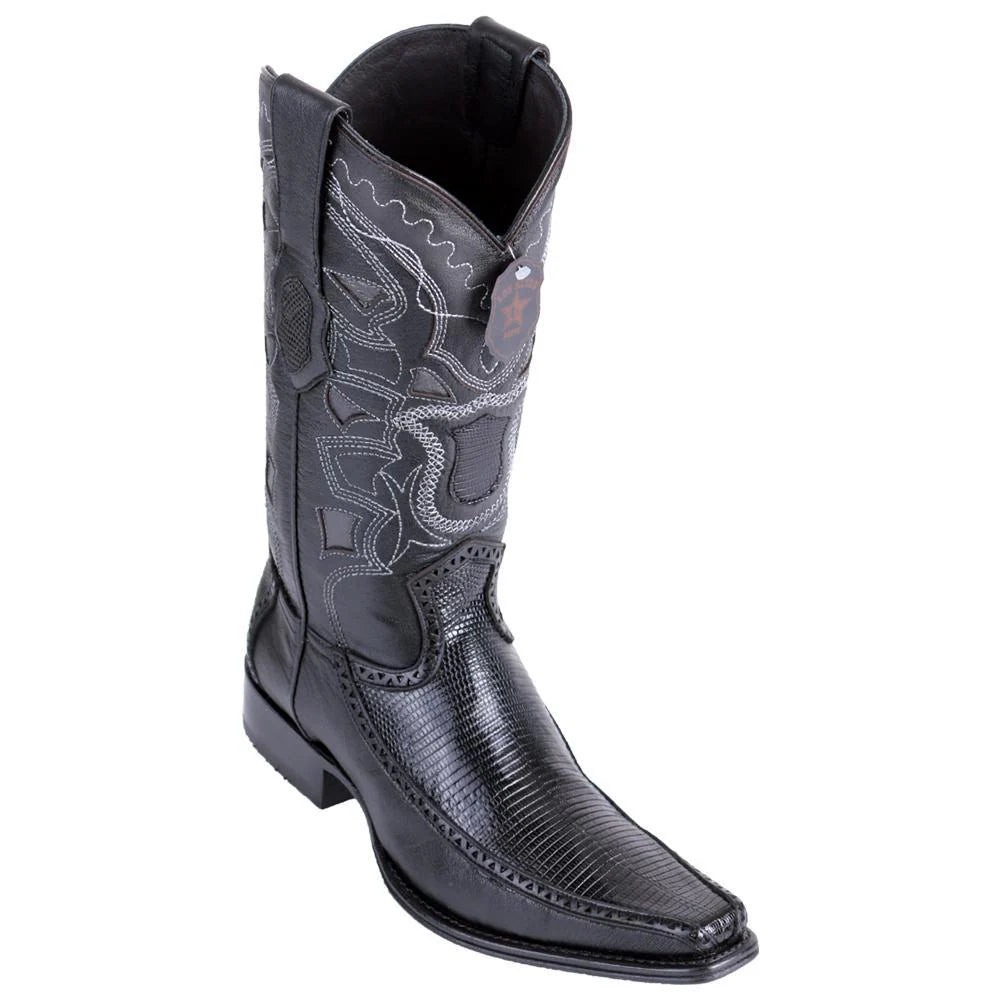 Cowboy boots with bold bear stitchingLos Altos 76F0605 Men's Black Genuine Ring Lizard & Deer European Square Toe Cowboy Boots