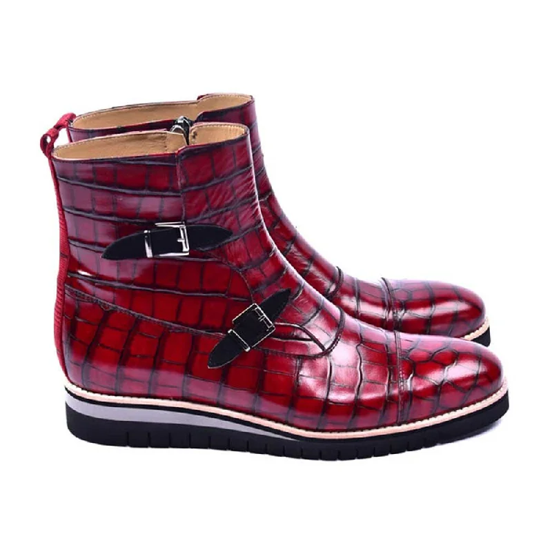 Ankle boots with soft cushion-Corrente Red Levi Crocodile Printed Calfskin Leather Ankle Boots