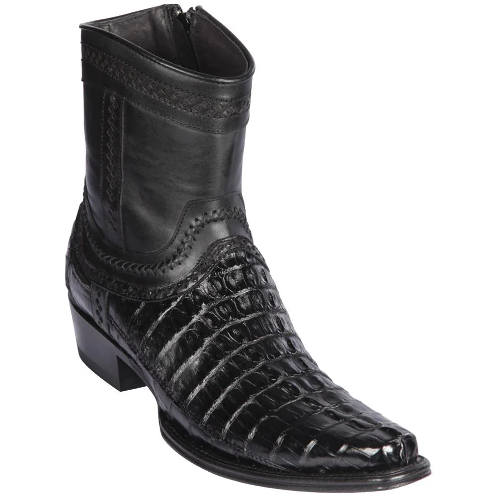 Cowboy boots with hand-tooled moonsLos Altos 76B0105 Men's Black Genuine Caiman Tail European Square Toe Cowboy Boots