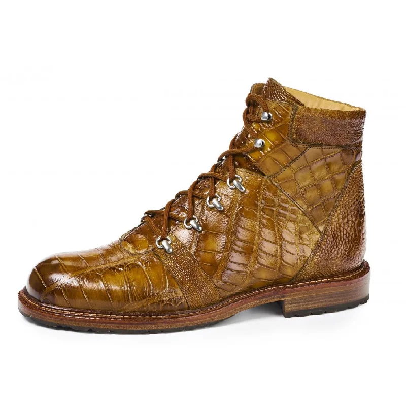 Ankle boots with plush warmth-Mauri Path Finder 4929 Mustard Genuine Body Alligator/Ostrich Leg Hand-Painted Lace -Up Ankle Boots