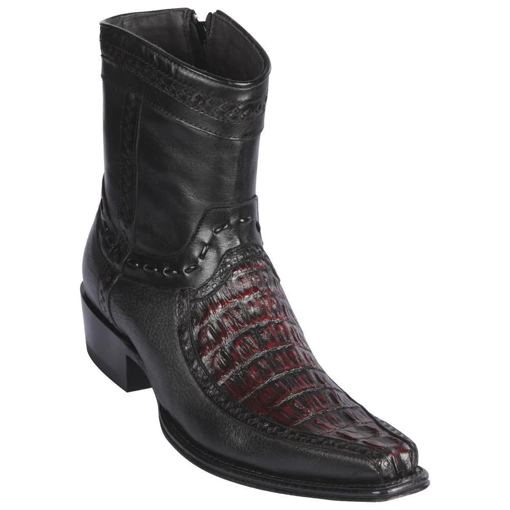 Cowboy boots with vintage steer charmLos Altos 76BF0118 Men's Black Cherry Genuine Caiman Tail & Deer European Square Toe Cowboy Boots