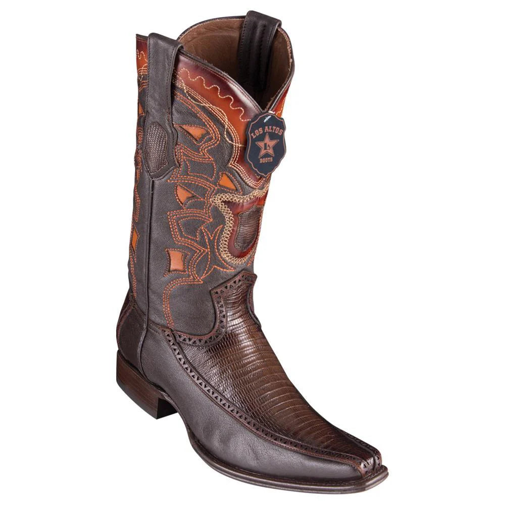 Cowboy boots with vintage horse charmLos Altos 76F0716 Men's Faded Brown Genuine Teju & Deer European Square Toe Cowboy Boots