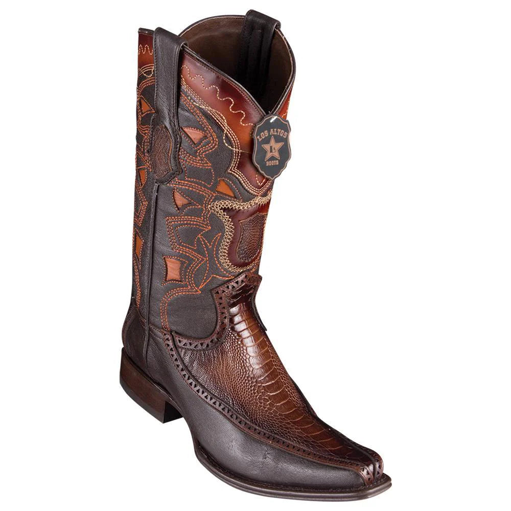 Cowboy boots with hand-stitched sunsLos Altos 76F0516 Men's Faded Brown Genuine Ostrich Leg & Deer European Square Toe Cowboy Boots