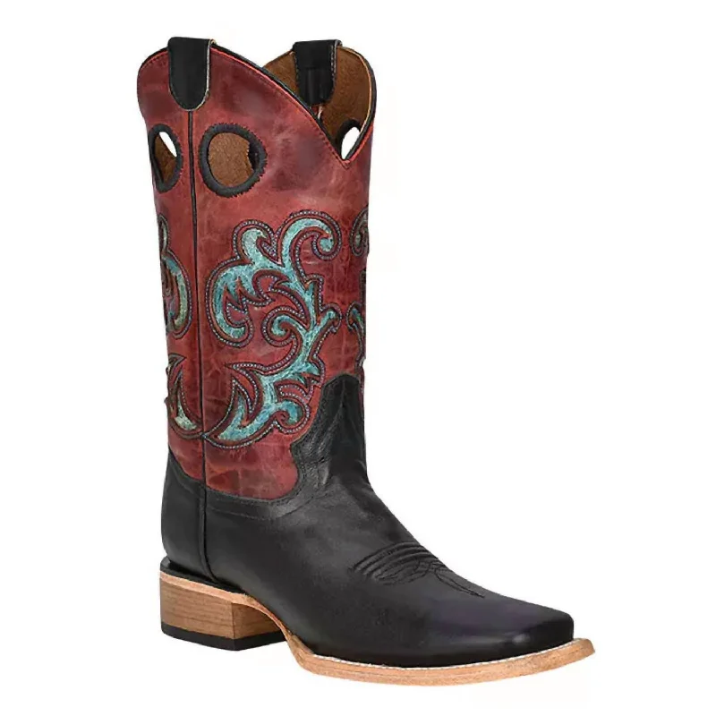 Cowboy boots with hand-stitched vinesLadies Shaft And Turquoise Inlay Square Toe Cowboy Boot In Black/red