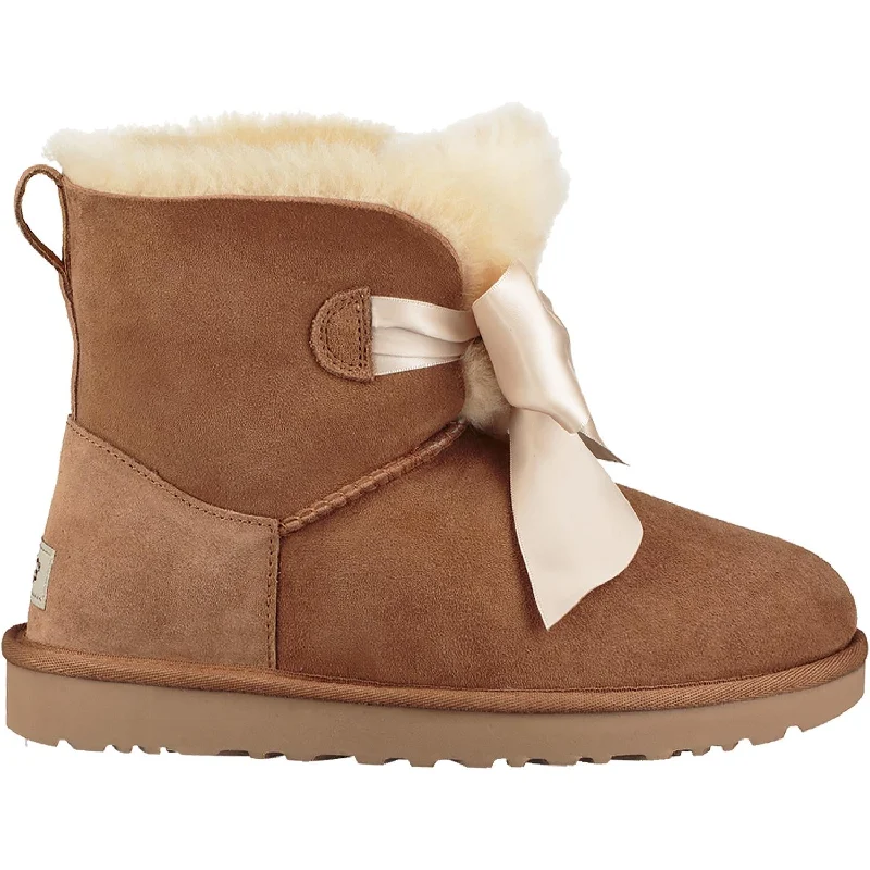 Stylish leather Booties for women with stiletto heel-Women's UGG Gita Bow Mini Chestnut Suede