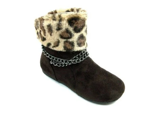 Ankle boots for long ease-Girls Chain Design Faux Leopard Fur Ankle High Suede Boots