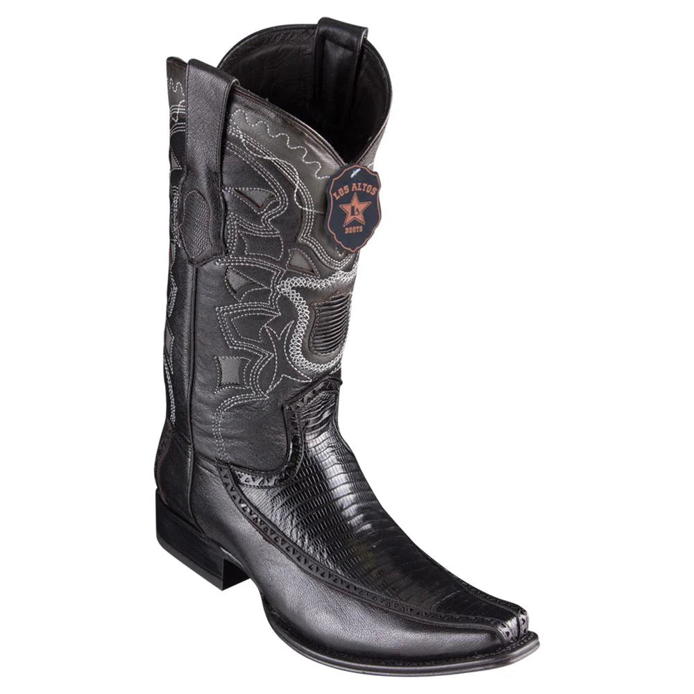 Cowboy boots with custom leather wavesLos Altos 76F0705 Men's Black Genuine Teju & Deer European Square Toe Cowboy Boots