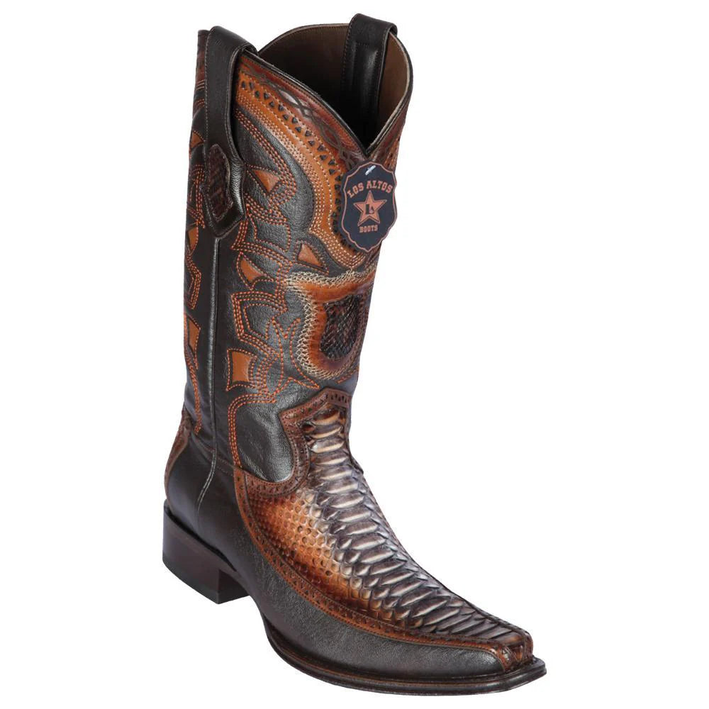 Cowboy boots with leather wolf inlaysLos Altos 76F5788 Men's Rustic Cognac Genuine Python & Deer European Square Toe Cowboy Boots