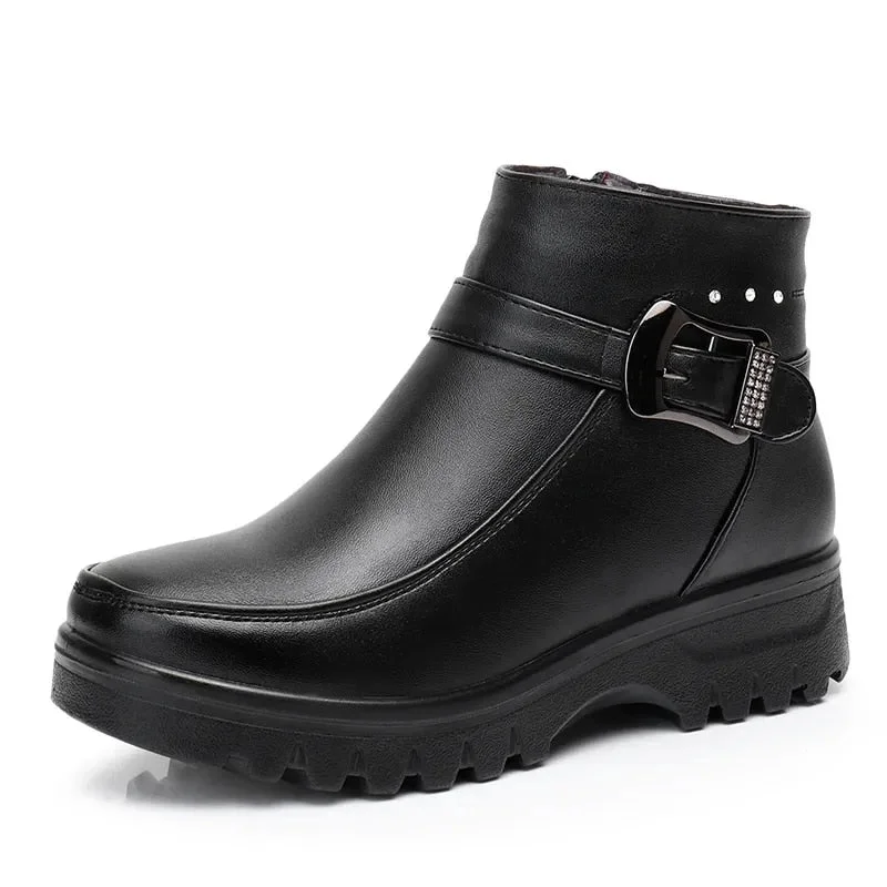 Ankle boots with thick cushion-GRW Orthopedic Women Ankle Boots Arch Support Warm Waterproof Genuine Leather Fashion