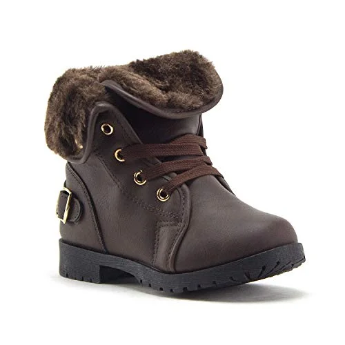 Ankle boots with cane stitching-Little Girls Faux Fur Lined Military Style Combat Ankle High Chukka Boots