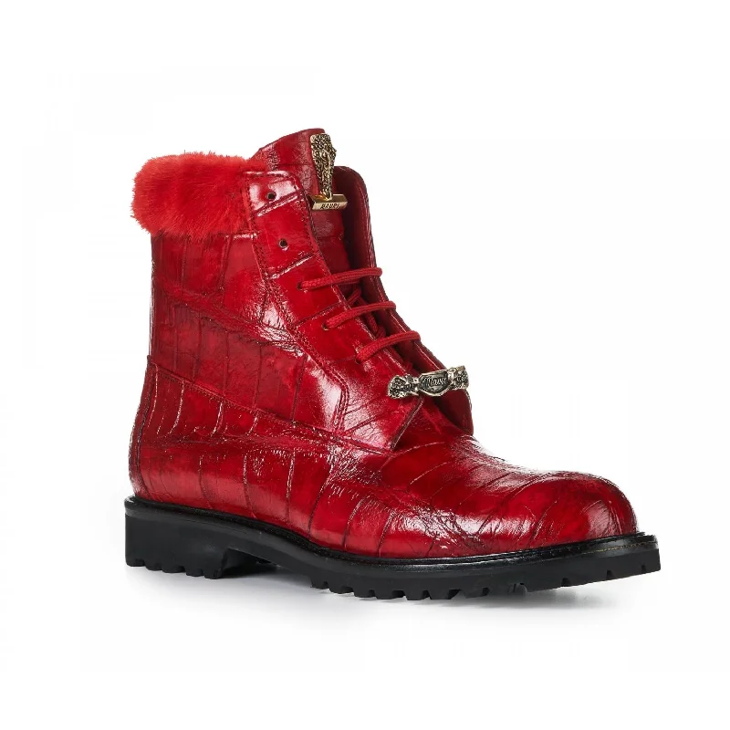 Ankle boots for high style-Mauri Luxury 4902 Red Genuine Body Alligator/Baby Crocodile Hand-Painted Ankle Boots